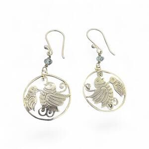 Circle Cutout Bird Dangle Earrings Metal Alloy Aquamarine Bead Sterling Hooks